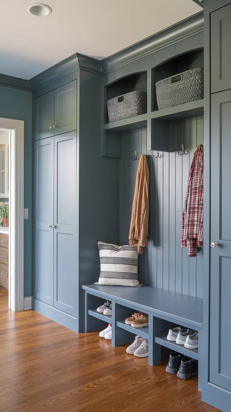 This transitional mudroom is the epitome of practical elegance. Custom built-ins, a comfortable bench, and clever cubbies provide a designated spot for everything, keeping clutter at bay. The soft blue paint and hardwood floors add a touch of sophistication to this essential family space.