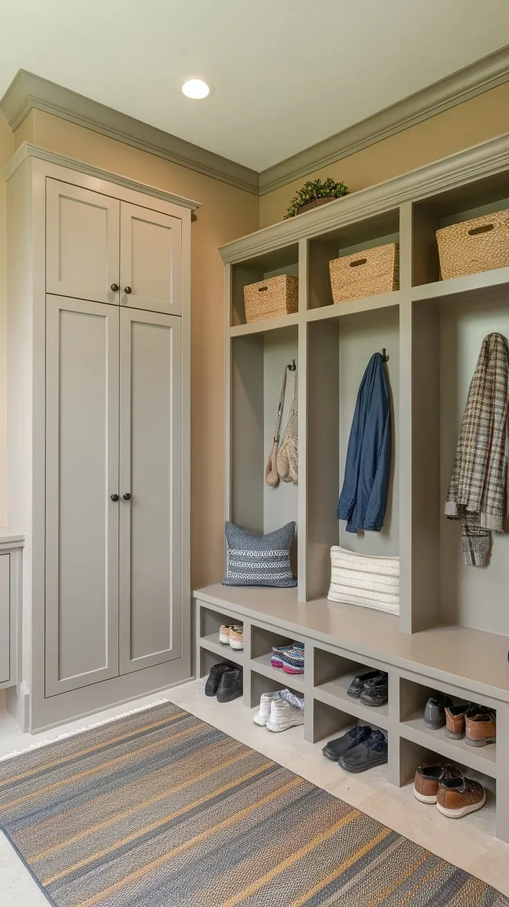 Step into effortless organization with this transitional mudroom. Built-in benches and cubbies provide ample storage, while the designated drop zone keeps everything in its place. A calming neutral palette and thoughtful details create a welcoming entryway that's both stylish and functional.