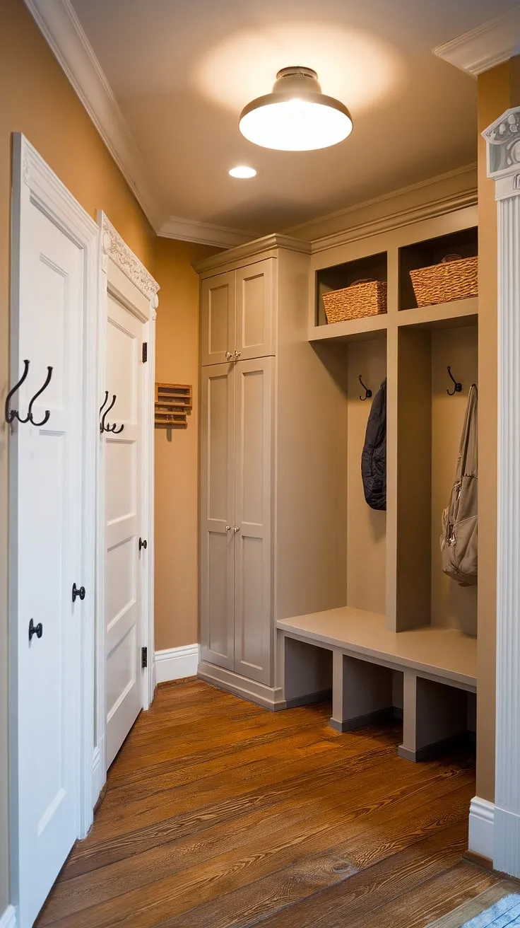 Step into effortless organization with this transitional mudroom. The built-in storage, complete with a drop zone, cubbies, bench, and ample shelving, makes managing coats, shoes, and everyday essentials a breeze. A warm beige palette and rich wood flooring create a welcoming atmosphere.