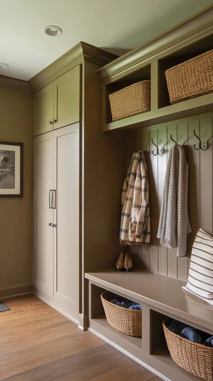 This transitional mudroom is the ultimate organizational dream. Built-in storage, a convenient drop zone with cubbies and a bench, plus a dedicated locker area and coat rack, make managing coats, shoes, and everyday essentials a breeze. The warm gray walls and wood floors create a welcoming and stylish space. A perfect blend of form and function.