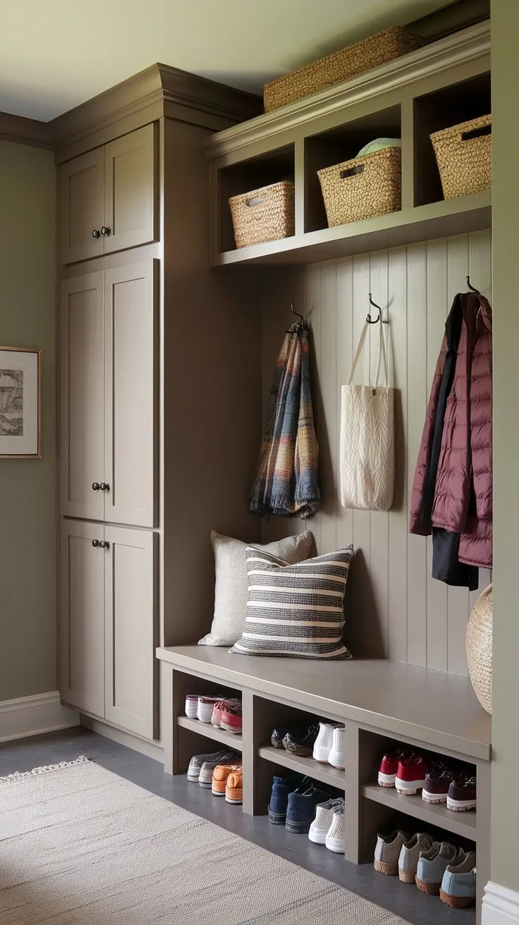 Step into effortless organization with this transitional-style mudroom. The built-in storage, including a bench with cubbies and a convenient locker, keeps everything in its place, while the drop zone with hooks ensures a clutter-free entryway. A soft rug adds warmth and comfort underfoot.