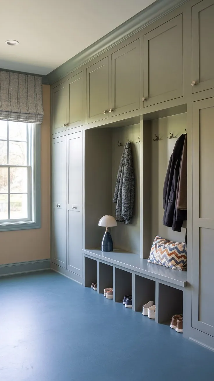 This thoughtfully designed mudroom seamlessly blends style and functionality. The custom built-ins, featuring a bench with storage and a series of lockers, offer a practical solution for managing family clutter. The calming color palette and ample natural light from the large window create a welcoming and organized entryway.