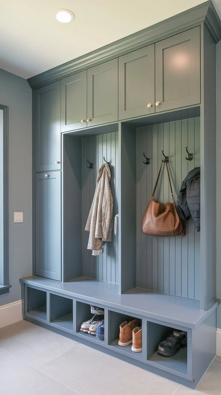 This thoughtfully designed mudroom effortlessly blends style and practicality. The light blue walls and gray tile floor create a calming atmosphere, while the built-in storage, including a drop zone with doors, cubbies, a bench, and coat hooks, provides ample space for organization. A small locker area adds an extra touch of convenience. A truly functional and beautiful addition to any home.