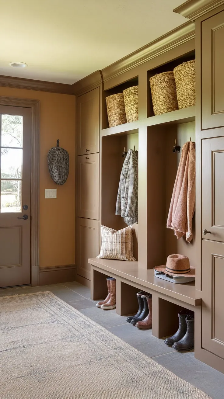 This thoughtfully designed mudroom showcases the best in transitional style and smart storage solutions. A dedicated drop zone with doors, plus ample cubbies and built-in shelving for boots and shoes, ensures clutter stays at bay. The warm beige palette and inviting rug create a welcoming ambiance, making this mudroom a true highlight of the home. A testament to the power of clever design.