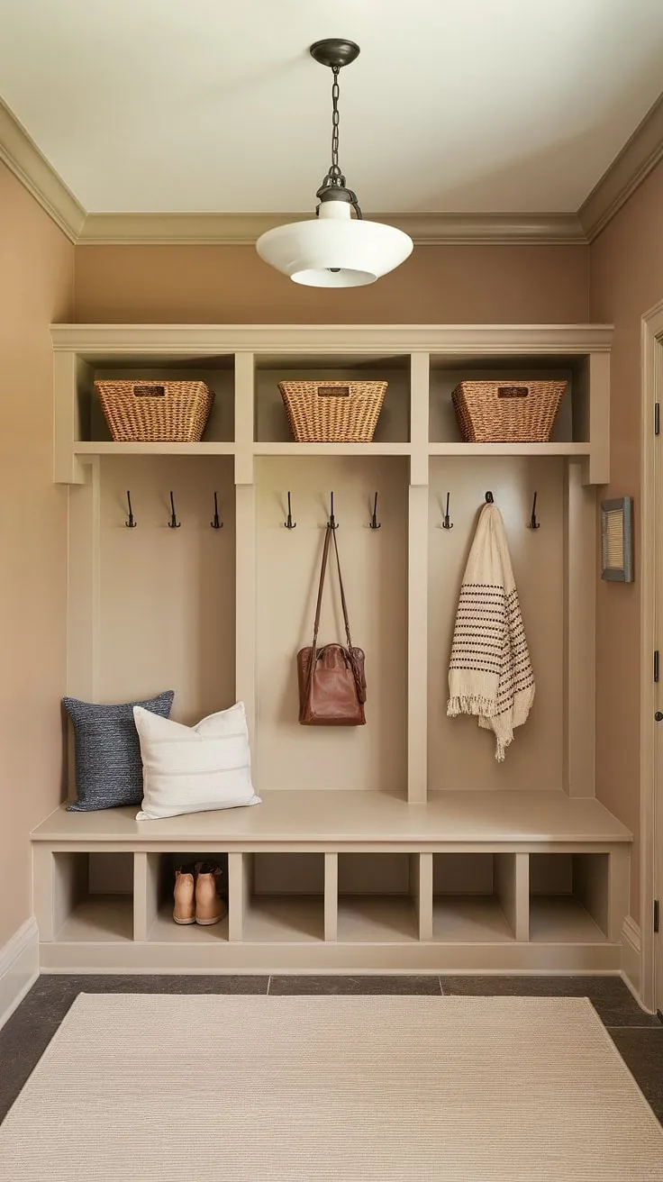 Step into effortless organization with this transitional mudroom. The built-in bench with cubbies and lockers, complemented by overhead shelves and wall hooks, creates a stylish and functional drop zone. A soft beige palette and warm wood tones complete the inviting atmosphere. A truly functional and beautiful space.