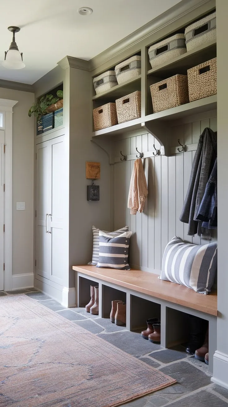 Step into organized serenity with this thoughtfully designed mudroom. The custom built-ins, complete with shelves, baskets, and a convenient bench, provide ample storage for coats, shoes, and everyday essentials. A true testament to functional beauty.
