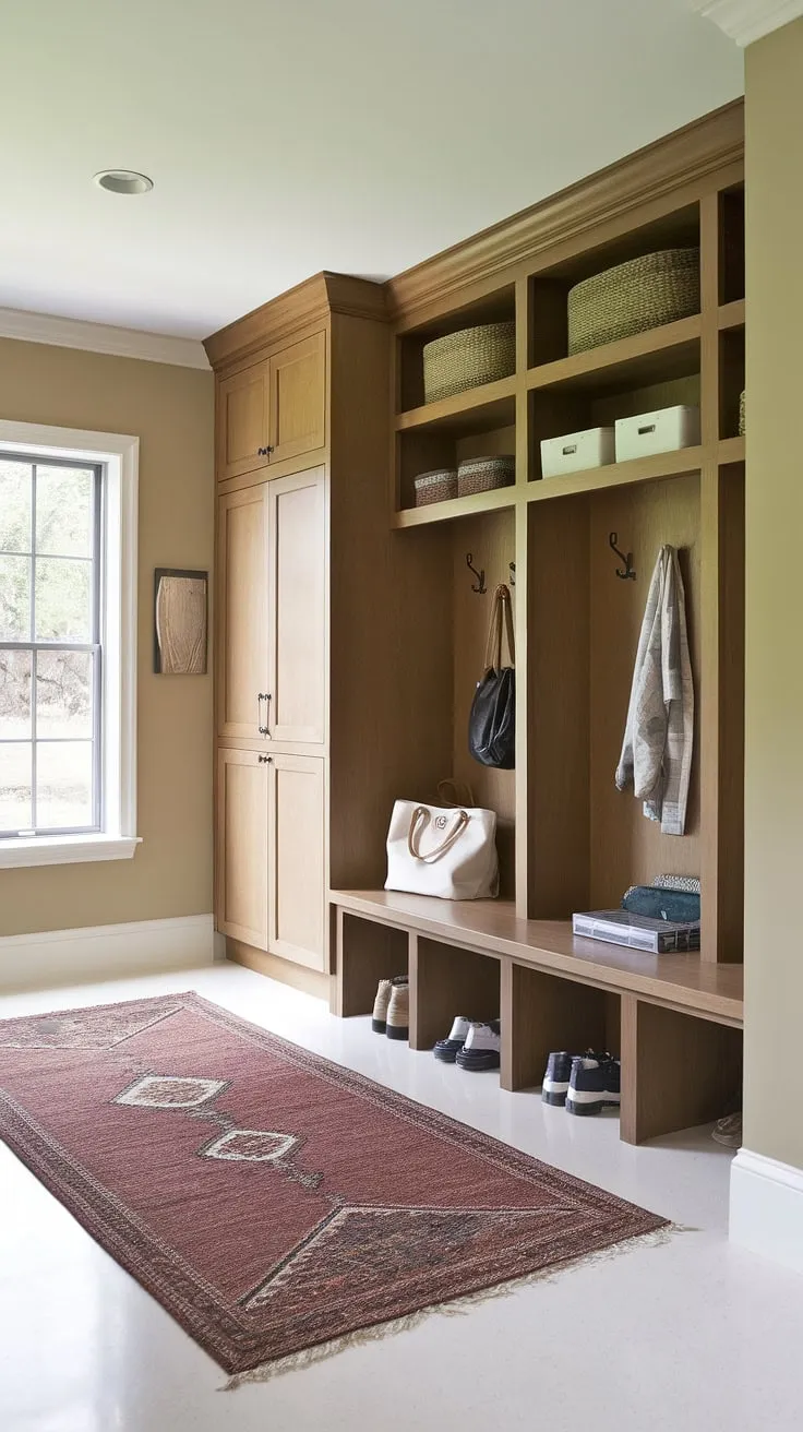Step into effortless organization with this transitional mudroom. The custom built-ins, complete with a convenient drop zone and ample cubbies, provide the perfect blend of style and functionality, making everyday life a breeze. A comfortable bench and small locker add the finishing touch.