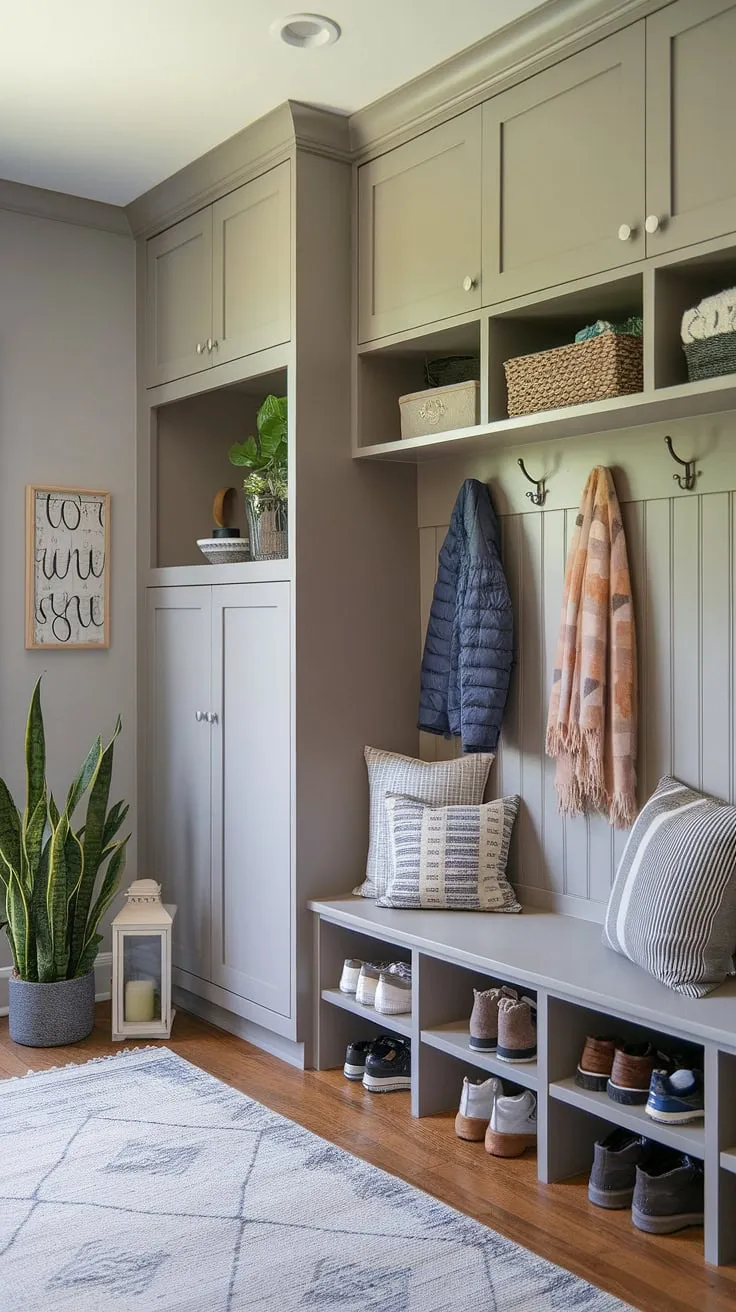 Step into effortless organization with this transitional mudroom. Built-in cabinets, cubbies, and a convenient bench create a stylish and functional drop zone, keeping everything in its place. The light gray walls and hardwood floors provide a serene backdrop, while the added touches of plants and a lantern bring warmth and personality to this essential space. A perfect blend of form and function.