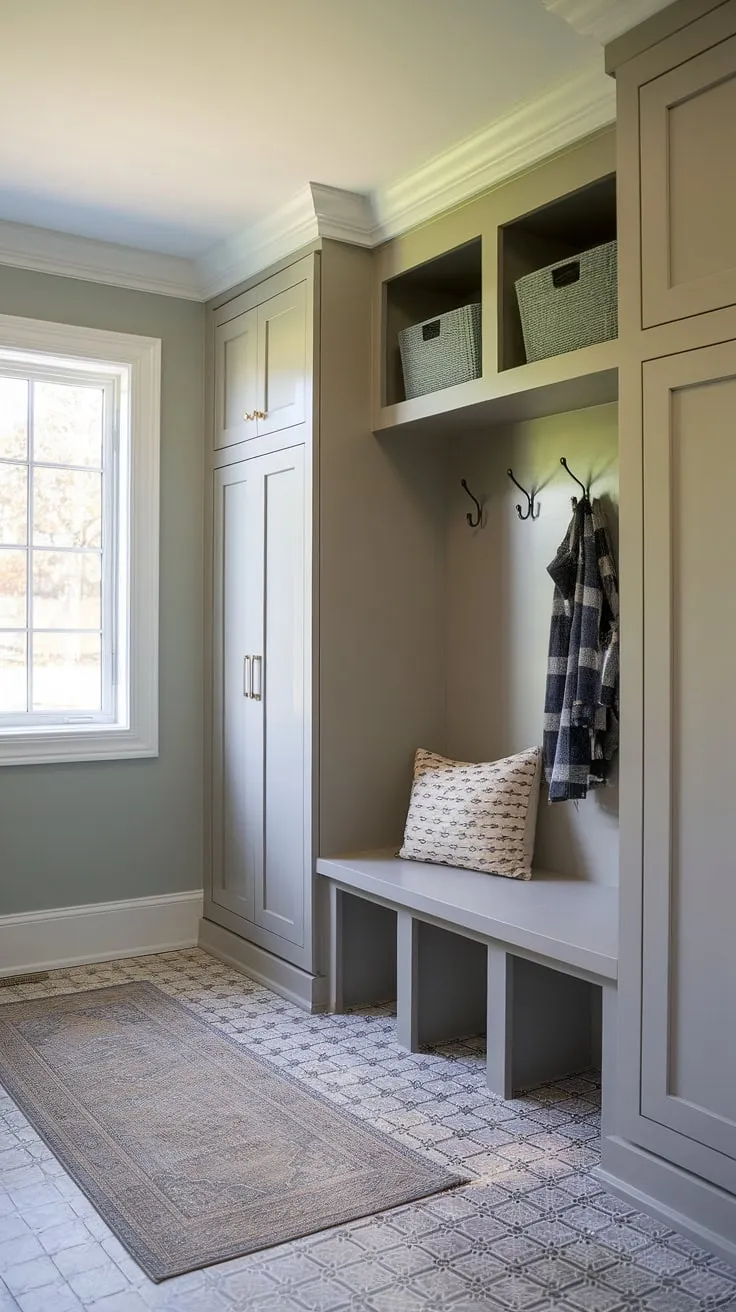 This thoughtfully designed mudroom seamlessly blends style and practicality. The custom built-ins, complete with shelves and lockers, provide ample storage, while the designated drop zone keeps clutter at bay. The comfortable bench with cubbies offers a perfect spot to sit and remove shoes, and the area rug adds a touch of warmth underfoot. A truly inspiring space that effortlessly manages the chaos of everyday life.