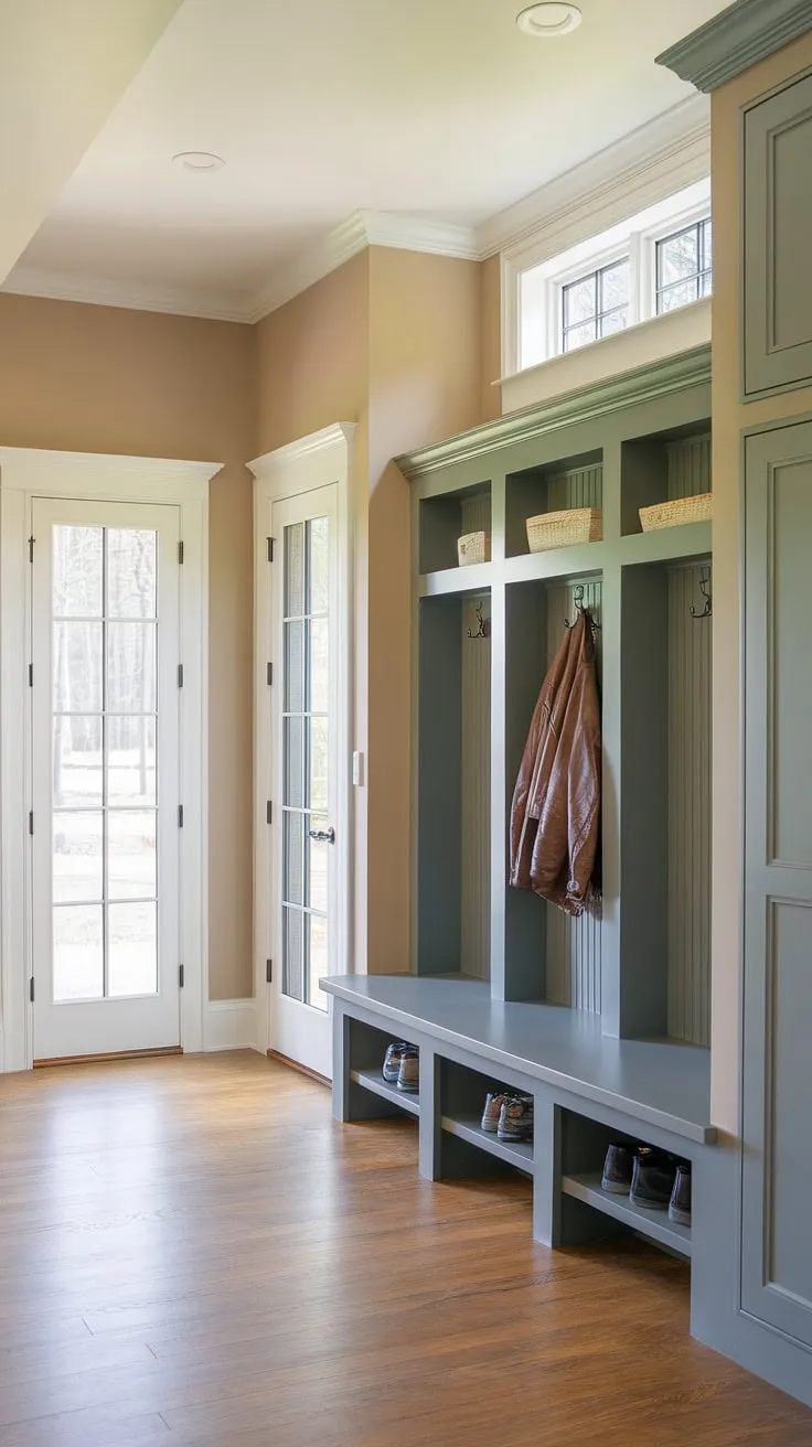 Step into effortless organization with this transitional mudroom. The custom built-in cabinets and bench, painted in a sophisticated dark gray, provide ample storage and seating, while the soft beige walls create a calming atmosphere. A small locker adds extra space for coats and shoes, making this the perfect blend of style and functionality. Natural light streams in through the high window, illuminating the beautiful hardwood floors.