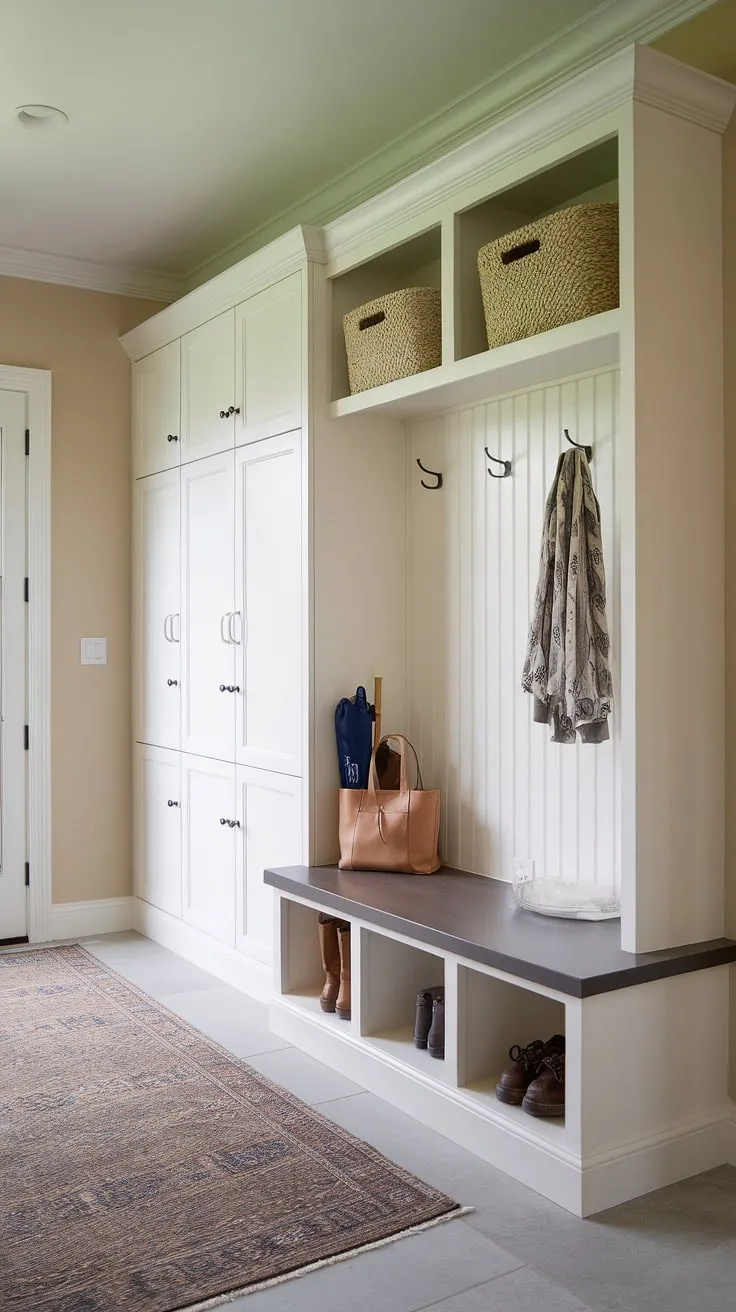 Step into effortless organization with this transitional-style mudroom. The built-in storage, including a bench with cubbies and a wall of lockers, provides ample space for coats, shoes, and everyday essentials, creating a functional and stylish entryway. A designated drop zone keeps things tidy, while the neutral color palette and thoughtful design elements ensure a welcoming atmosphere.