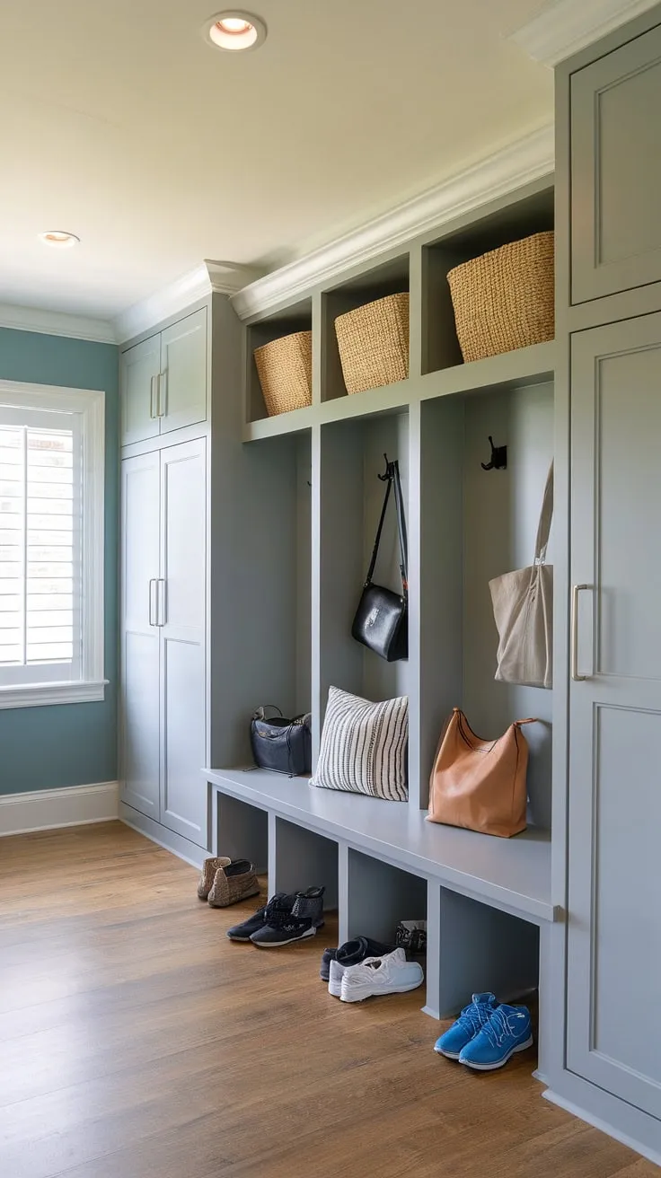 Step into effortless organization with this dreamy mudroom. The light blue walls and built-in storage, including lockers, cubbies, and a bench, create a functional and stylish drop zone that keeps everything in its place. A perfect blend of form and function for a busy family.