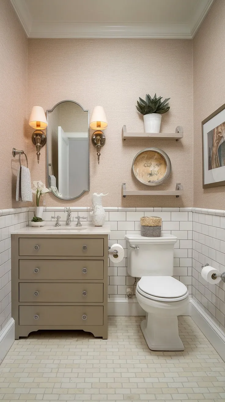 This powder room is a study in understated elegance. The neutral beige palette, featuring wallpaper and tiled floors, creates a tranquil space. Subtle decorative touches, including a stylish lamp and a flourishing plant, add personality without overwhelming the room's calming ambiance. A testament to refined design.