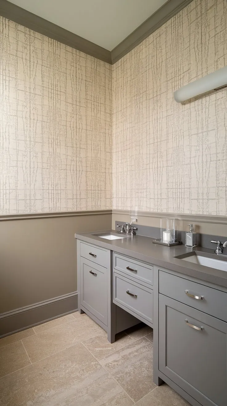 Serene and sophisticated, this transitional powder room boasts a calming neutral palette. The dual vanity offers ample space, while the subtle wallpaper adds a touch of understated elegance. A perfect blend of functionality and style.