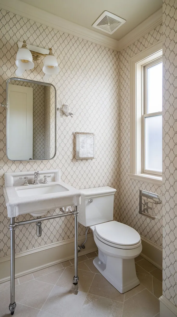This powder room's design is a masterclass in understated luxury. The beige and white color scheme, complemented by a delicate wallpaper pattern, creates a tranquil atmosphere. The carefully chosen fixtures and the natural light streaming through the window elevate this small space into a haven of calm.
