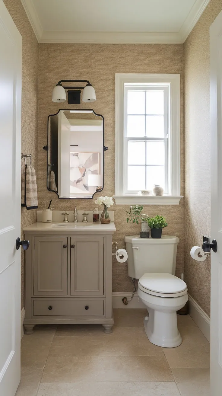 Serene and sophisticated, this transitional powder room boasts a calming neutral palette. The beige wallpaper and tiled floor create a cohesive and elegant space, perfect for a moment of quiet reflection. A touch of greenery adds a refreshing element, while the carefully chosen lighting enhances the room's tranquil ambiance.
