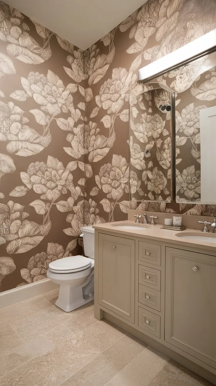 Serene and sophisticated, this transitional powder room boasts a calming beige palette accented by a large-scale floral wallpaper. The double vanity offers ample space, while the subtle details create a luxurious yet understated ambiance. A perfect blend of comfort and style.