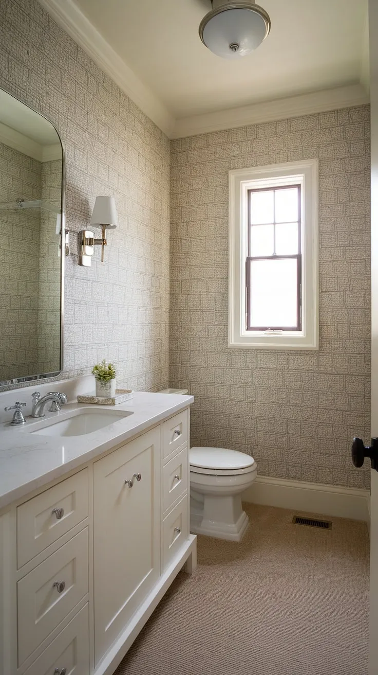 Subtle elegance meets modern convenience in this transitional powder room. The beige wallpaper creates a calming atmosphere, perfectly complemented by the crisp white vanity and soft carpet. A touch of natural light streams in, enhancing the overall sense of serenity.