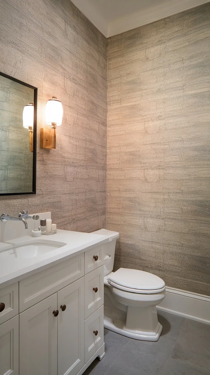 This powder room effortlessly blends classic and contemporary elements. The neutral color palette, highlighted by the textured wallpaper, creates a calming atmosphere. The sleek white vanity and wall-mounted faucet add a touch of modern elegance, while the gray tile floor provides a grounding element. A sanctuary of understated luxury.