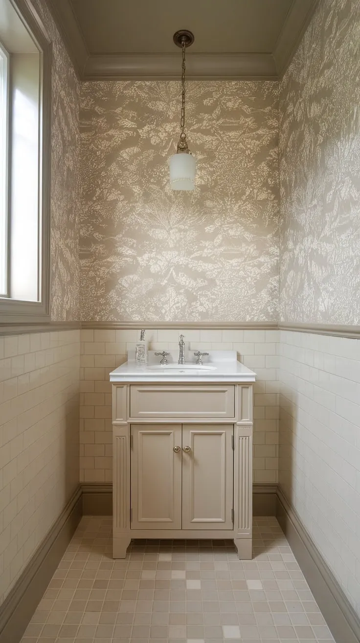 Subtle elegance meets modern functionality in this transitional powder room. The beige floral wallpaper, paired with a neutral vanity and crisp white fixtures, creates a serene and inviting space. A single light fixture adds a touch of understated glamour, while the beige and white tiled floor completes the calming atmosphere. A perfect blend of classic and contemporary design.
