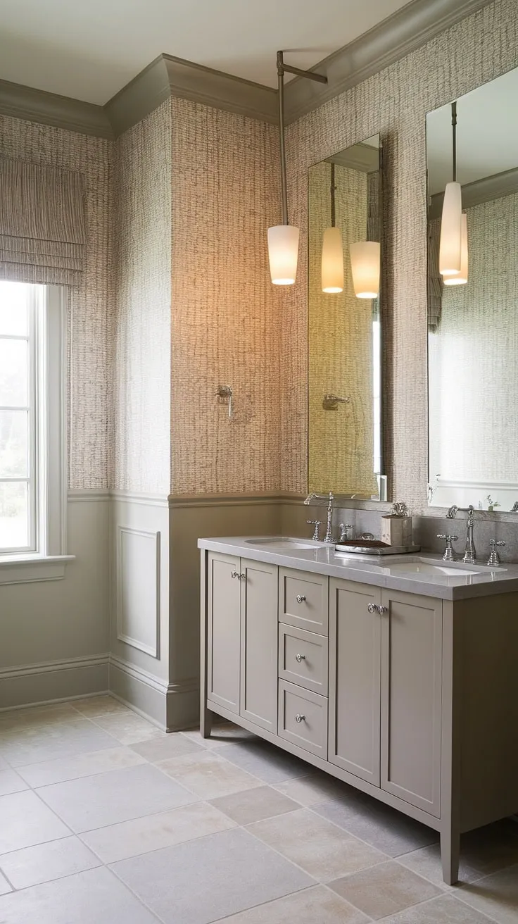 Serene and sophisticated, this transitional powder room boasts a calming neutral palette, subtly patterned wallpaper, and a dual-sink vanity perfect for effortless shared use. The modern lighting and tiled floor complete the elegant design.