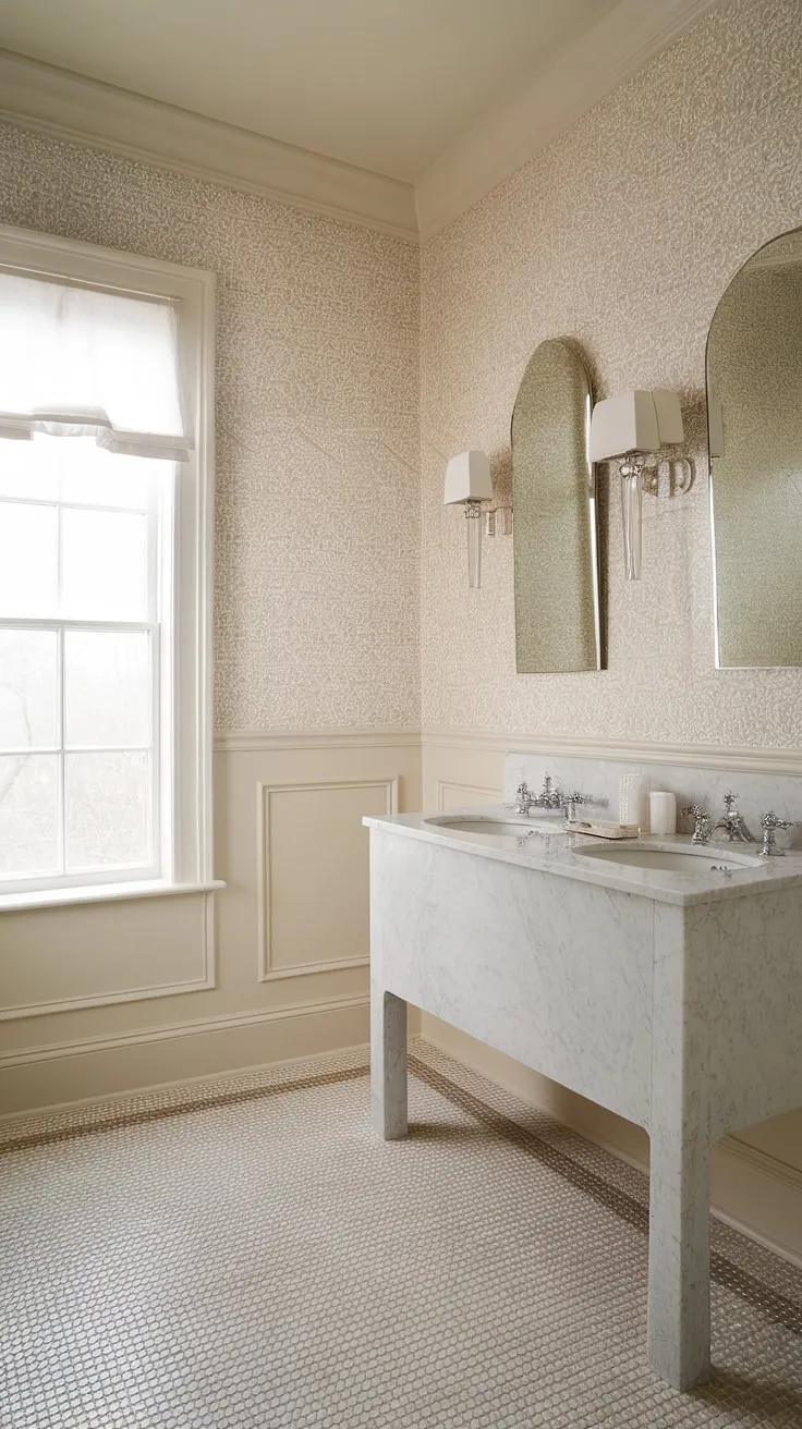 A touch of understated elegance defines this powder room. The creamy wallpapered accent wall complements the crisp white vanity and the warm beige tile, creating a harmonious and inviting space. A perfect blend of style and functionality.