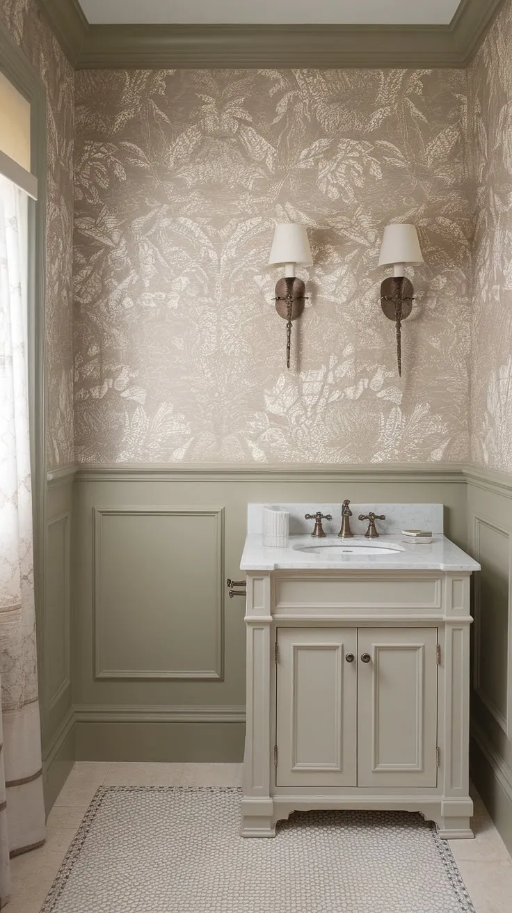 This powder room's refined aesthetic is achieved through a thoughtful selection of textures and tones. The beige floral wallpaper creates a sense of warmth, complemented by the crisp white vanity and the elegant bronze accent of the wall sconce. The checkered floor adds a touch of understated pattern, completing this tranquil and inviting space.
