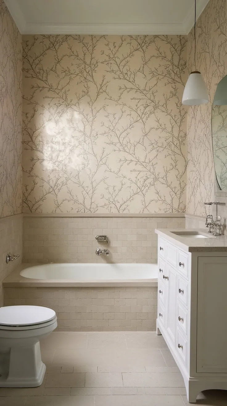 A calming oasis awaits. This powder room's neutral color scheme, featuring a delicate floral wallpaper and a mix of beige and white fixtures, offers a tranquil escape. The thoughtful details, from the elegant pendant light to the comfortable bathtub seat, elevate the space to a haven of understated luxury.