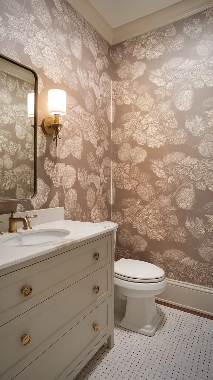This powder room effortlessly blends classic and contemporary design. The beige floral wallpaper provides a sophisticated backdrop for the sleek white vanity and gold faucet. A carefully curated selection of materials and finishes creates a space that is both beautiful and functional, a perfect example of refined a style.