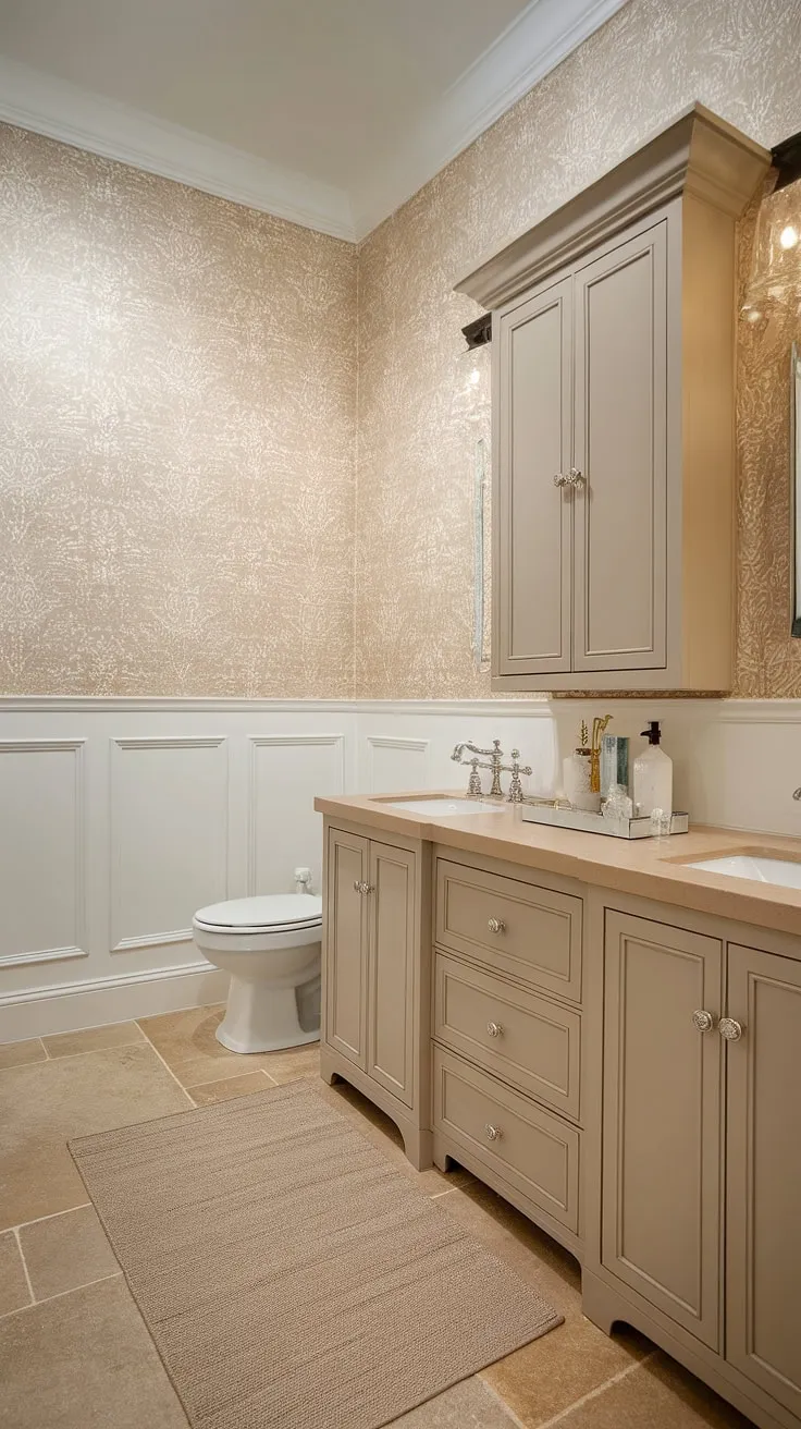 Serene and sophisticated, this transitional powder room effortlessly blends modern elegance with classic charm. The beige and white palette, complemented by subtle textural elements, creates a calming and inviting atmosphere. A perfect example of understated luxury.