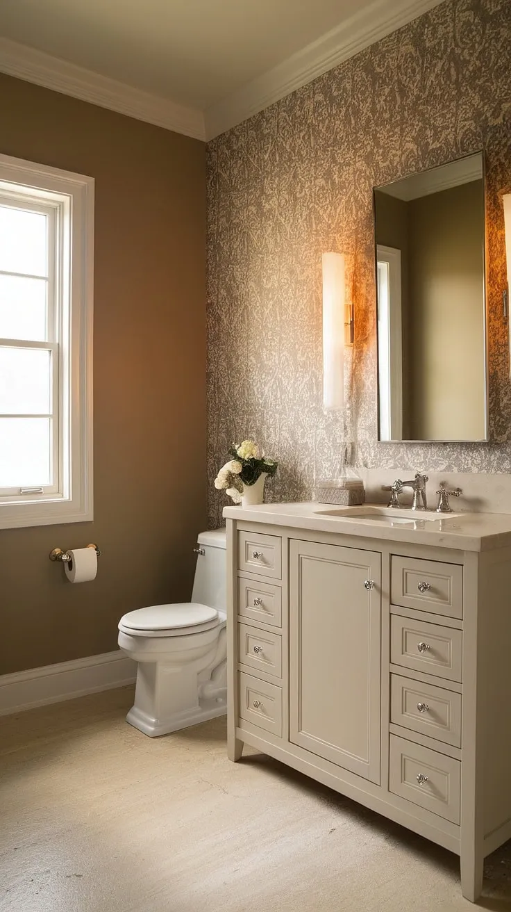 A touch of luxury in a compact space. This powder room's refined wallpaper adds personality to the otherwise neutral design, creating a welcoming and stylish retreat. A testament to the power of thoughtful design in even the smallest rooms.
