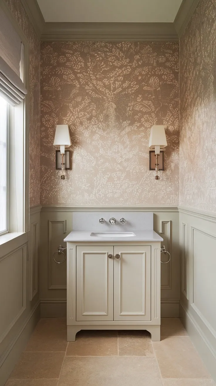 Serenity redefined. This transitional powder room, with its subtle floral wallpaper and calming neutral palette, offers a spa-like escape-a perfect blend of elegance and understated luxury. The wall-mounted faucet and soft lighting complete the tranquil ambiance.