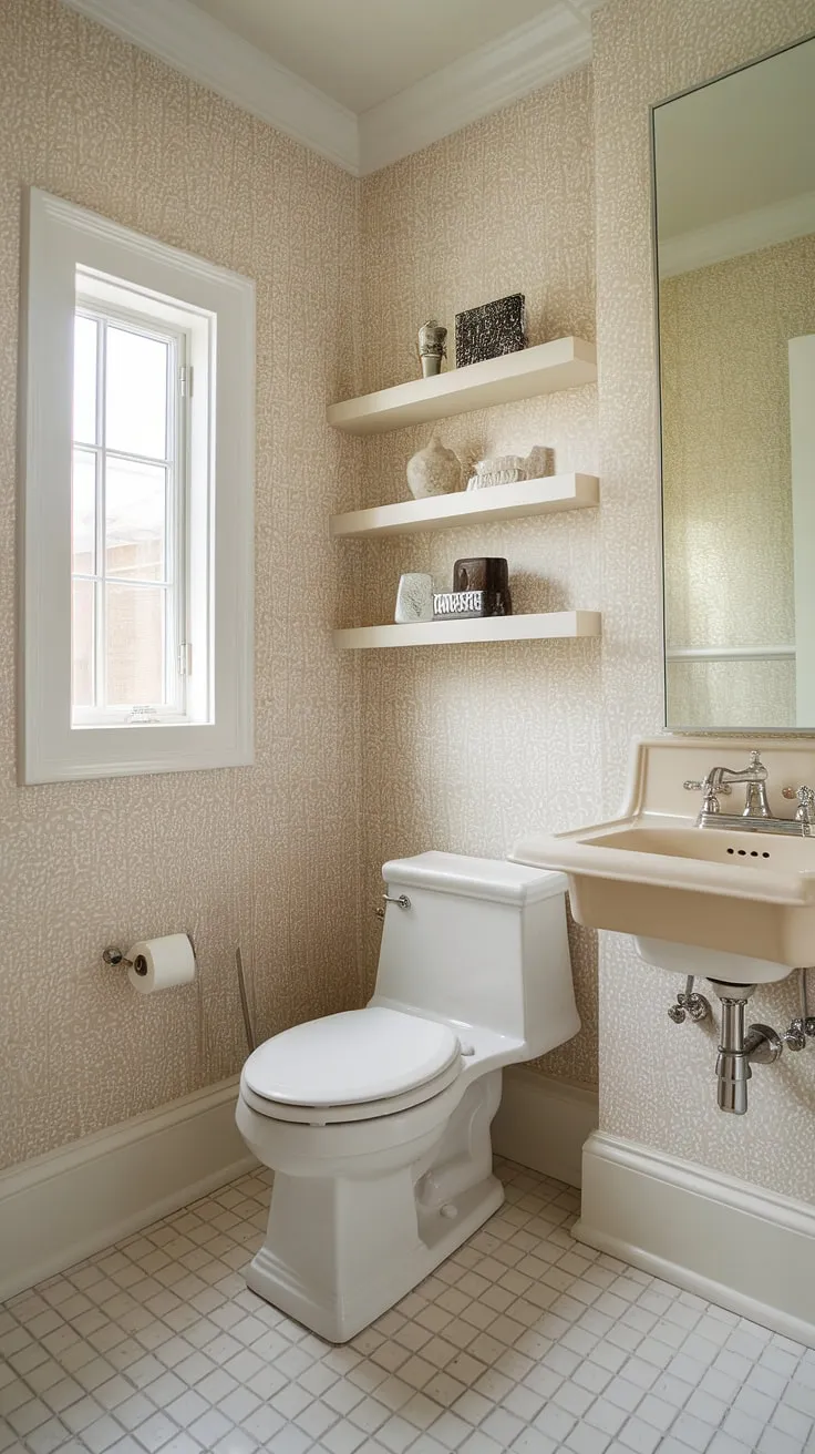 This powder room effortlessly blends classic and contemporary styles. The subtle patterned wallpaper adds warmth, while the crisp white walls and sleek fixtures maintain a clean, modern feel. A tranquil retreat for everyday use.