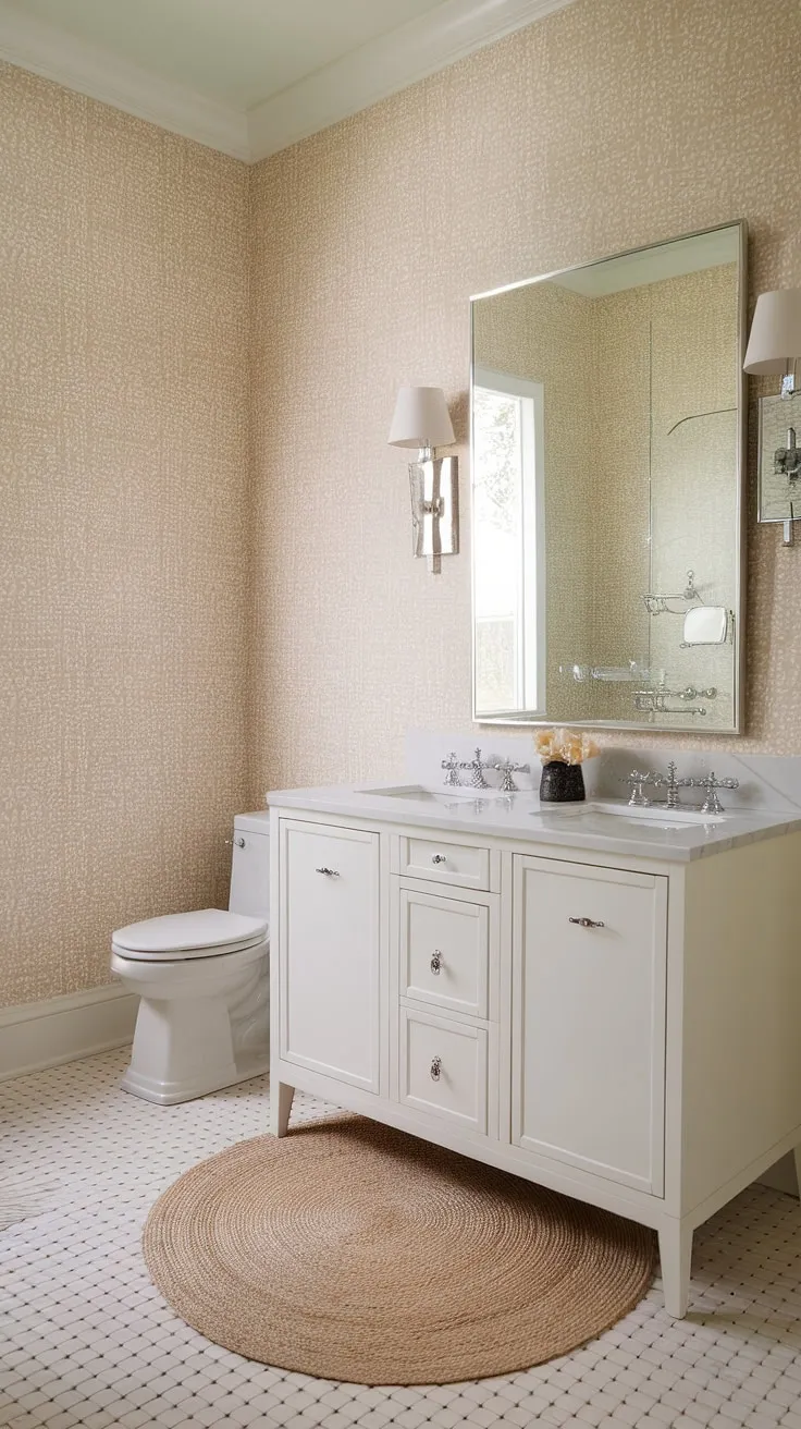 Serene and sophisticated, this transitional powder room boasts a calming beige palette, subtly patterned wallpaper, and a double vanity for effortless elegance. The checkered floor and round rug add a touch of playful texture. A perfect blend of comfort and style.
