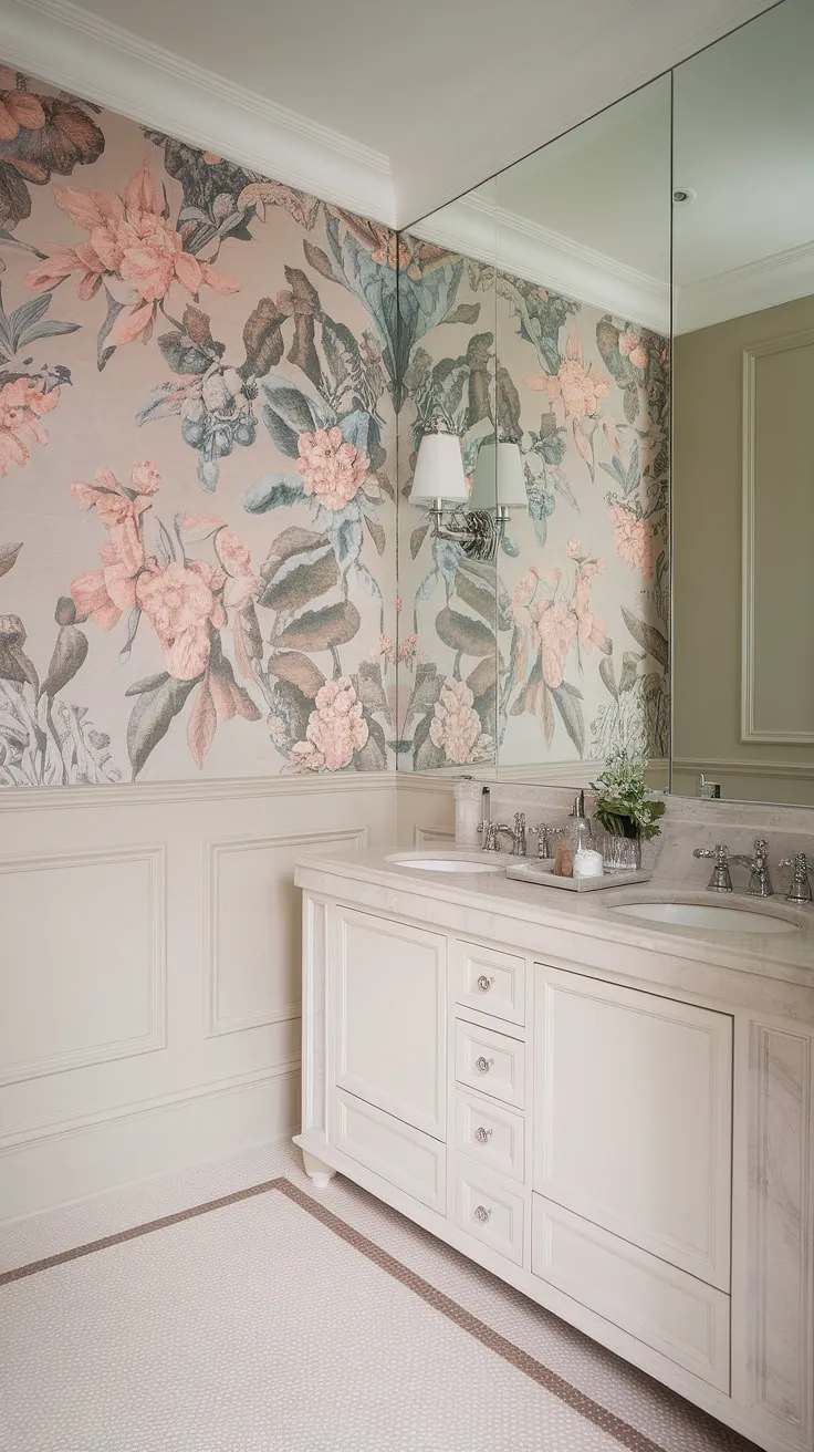 This powder room is a masterclass in understated elegance. The large-scale floral wallpaper adds a touch of whimsy without overwhelming the space, while the crisp white vanity and subtle tile flooring maintain a clean, fresh aesthetic. A truly inspiring example of how to create a luxurious yet functional space.