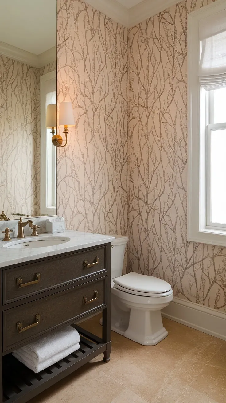Subtle elegance meets modern convenience in this transitional powder room. The beige wallpaper, featuring a delicate branch pattern, creates a calming atmosphere, perfectly complemented by the crisp white marble vanity and brass fixtures. A thoughtful blend of textures and tones results in a space that's both stylish and functional.