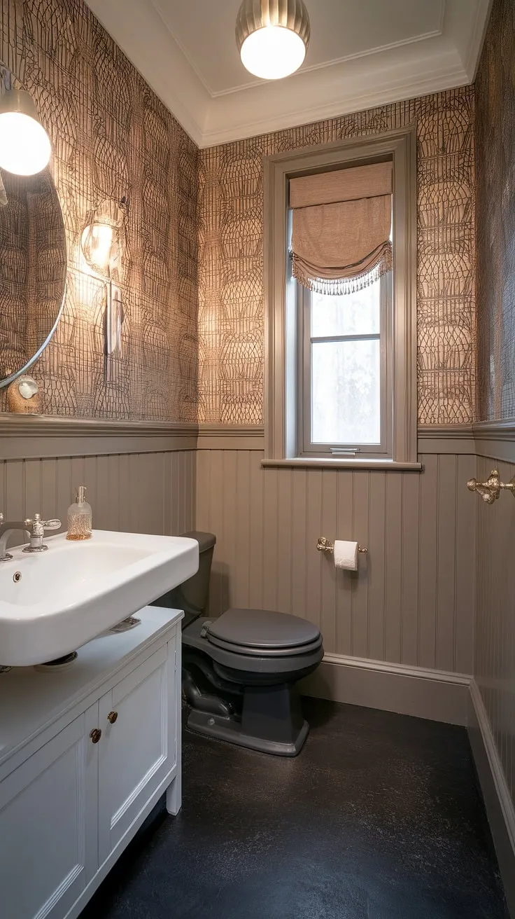 Sophisticated serenity in this transitional powder room. The interplay of beige walls adorned with a subtly glamorous gold-accented wallpaper, a dark grey floor, and crisp white fixtures creates a space that's both calming and undeniably chic. A perfect blend of textures and tones.