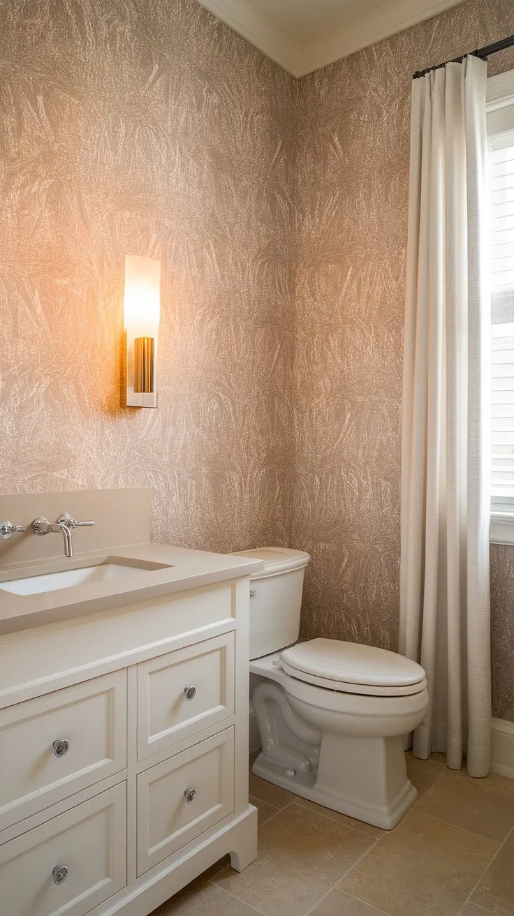 This powder room's design is a masterclass in understated elegance. The beige wallpaper with its delicate leaf pattern, the crisp white vanity, and the warm lighting all contribute to a space that's both inviting and refined. A truly tranquil escape.