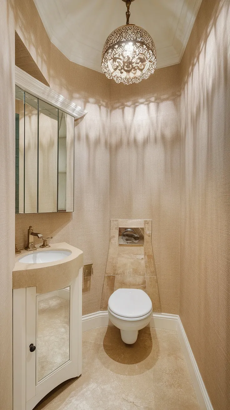 Serenity redefined. This transitional powder room, with its calming beige wallpaper and subtly textured walls, offers a tranquil escape. The small scale feels perfectly considered, maximizing space and minimizing fuss. A touch of elegance is added with the decorative light fixture and the simple white vanity.