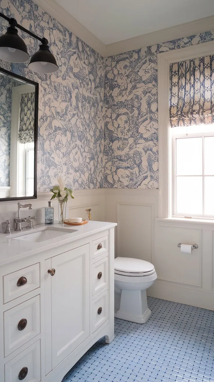 Serene and stylish, this powder room effortlessly blends classic charm with modern convenience. The blue and white wallpaper, checkered floor, and crisp white vanity create a space that's both inviting and sophisticated. A perfect example of how thoughtful design can transform even the smallest of spaces.