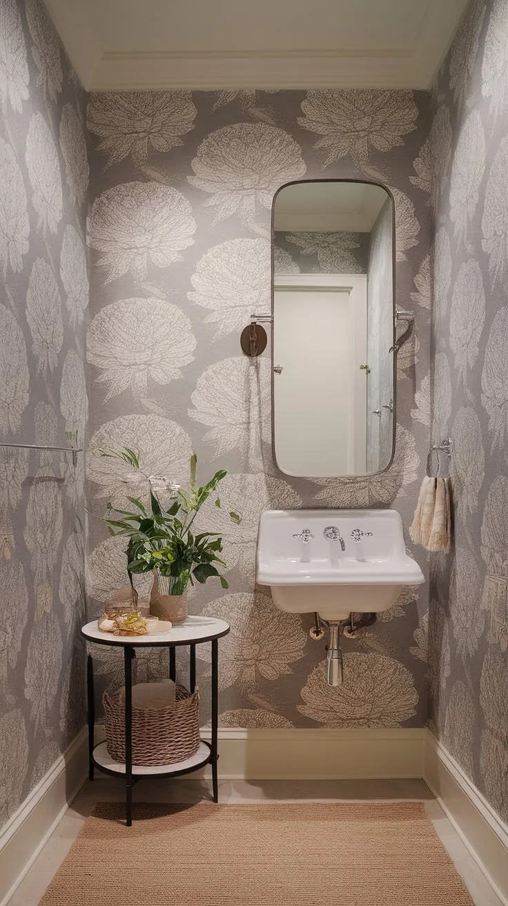 Serene and sophisticated, this transitional powder room boasts a calming neutral palette. The subtle floral wallpaper adds a touch of elegance, while the wall-mounted faucet and stylish accessories create a space that's both functional and aesthetically pleasing. A perfect blend of modern and classic design.