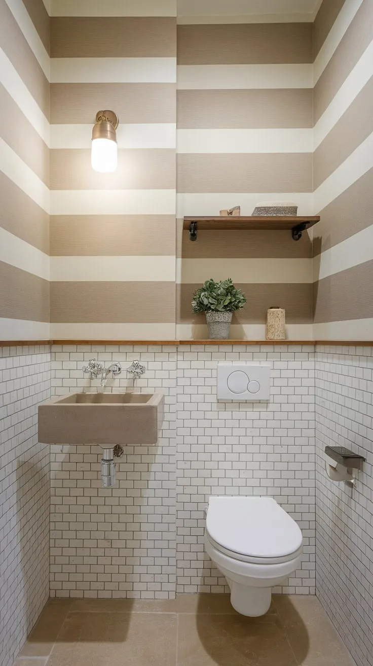 This compact powder room proves that small spaces can be stylish. The beige and white striped wallpaper, paired with the warm wood tones and sleek fixtures, achieves a sophisticated and inviting atmosphere. A perfect blend of functionality and understated elegance.
