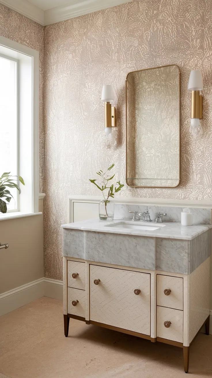 A sophisticated sanctuary awaits. This powder room effortlessly blends classic charm with contemporary design. The subtle floral wallpaper, paired with the luxurious marble and gold fixtures, creates a space that is both inviting and undeniably chic. A perfect example of understated luxury.