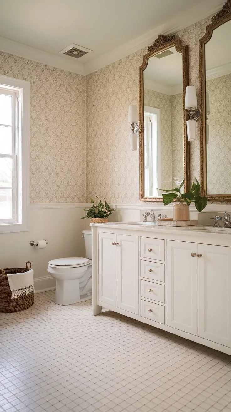 Serene sophistication meets practical design in this transitional powder room. The subtle wallpaper, ornate gold mirror, and dual vanity create a luxurious yet functional space, perfectly complemented by the neutral color palette and checkered floor. A touch of greenery adds a calming element to this perfectly appointed retreat.