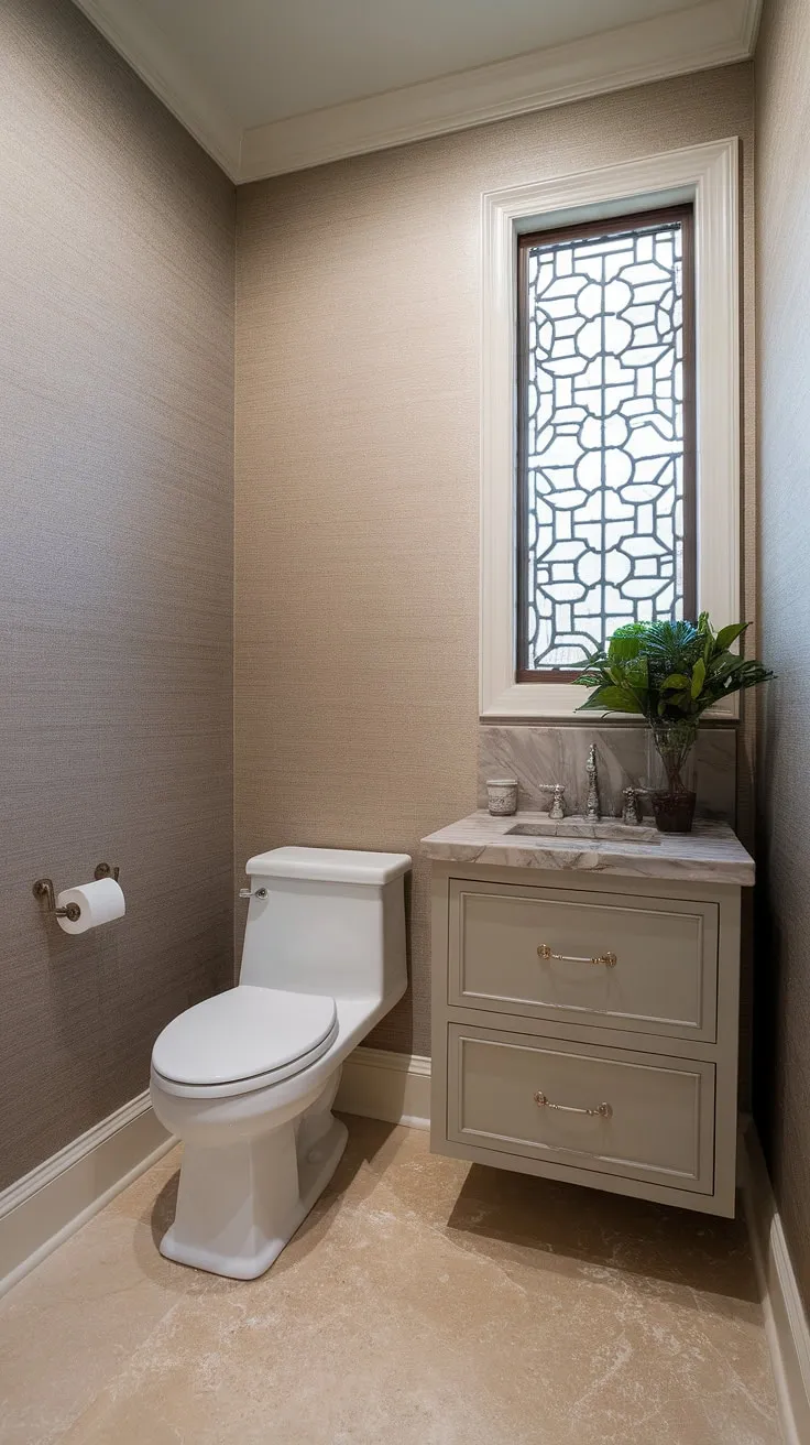 A sanctuary of calm, this powder room effortlessly blends style and practicality. The neutral color scheme, complemented by the marble vanity and textured wallpaper, creates a tranquil retreat. A testament to understated elegance and meticulous design.