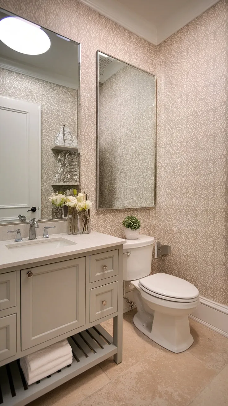 Serene and sophisticated, this transitional powder room effortlessly blends neutral tones and subtle textures. The gray vanity, patterned wallpaper, and beige tile flooring create a calming atmosphere, perfect for a moment of peaceful retreat. A touch of greenery adds a refreshing element to this thoughtfully designed space.