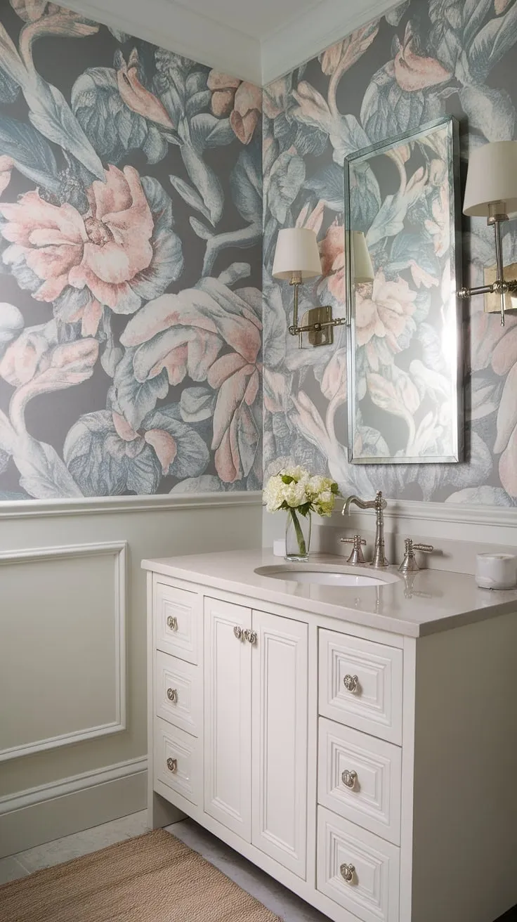 This powder room's delicate floral wallpaper sets a tranquil tone, complemented by the clean lines of the white vanity and the warm glow of brass fixtures. The neutral color scheme and plush rug create a welcoming and stylish space. A truly inviting sanctuary.