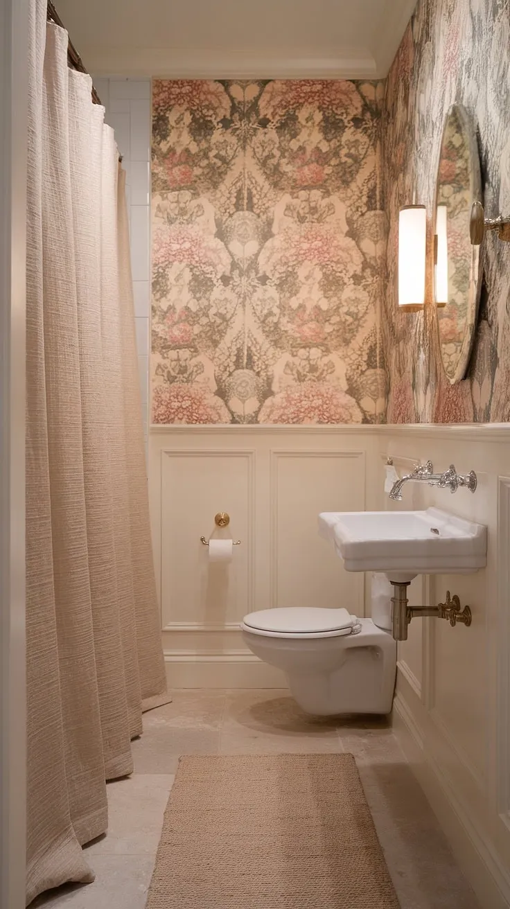 Subtle elegance meets modern convenience in this transitional powder room. The floral wallpaper adds a touch of whimsy, while the neutral palette and sleek fixtures create a calming oasis. A perfect blend of old-world charm and contemporary design.
