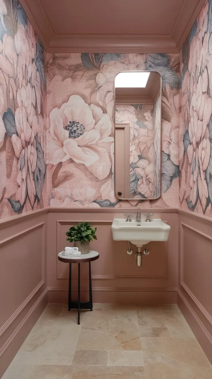 Step into serenity. This transitional powder room, adorned with a large-scale floral wallpaper in soft pinks, blues, and beiges, offers a tranquil escape. The subtle elegance of the marble flooring and carefully chosen accents create a space that's both stylish and calming. A perfect blend of modern and traditional design.