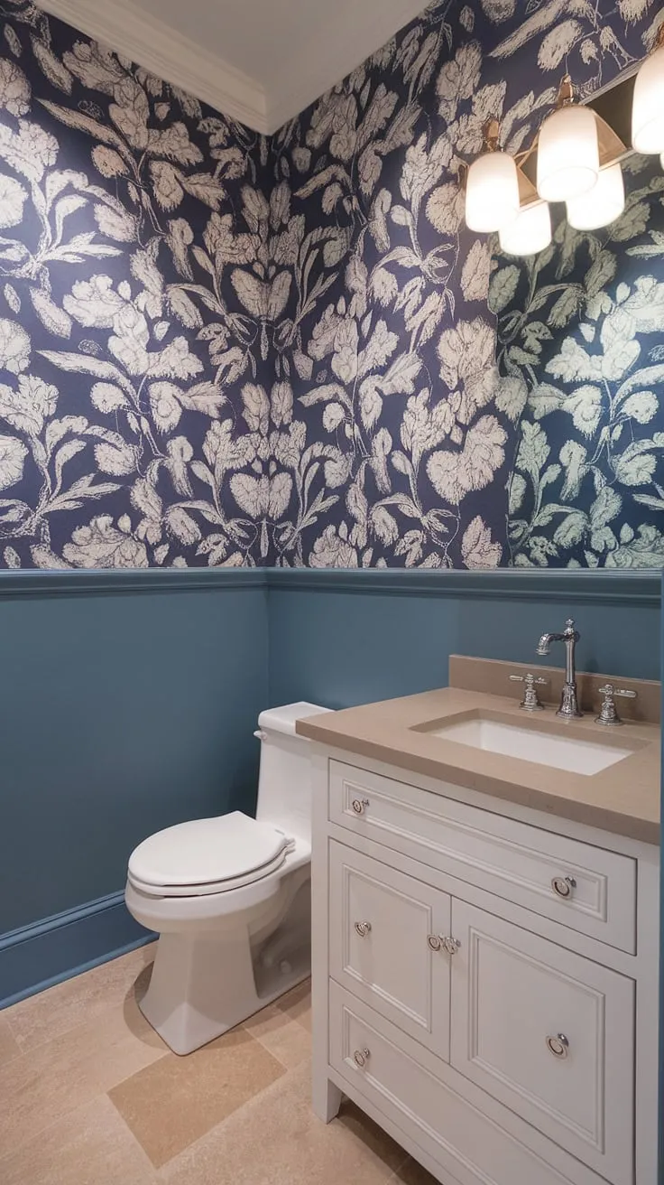 Serene sophistication meets modern design in this transitional powder room. The unique blue and white floral wallpaper adds a touch of elegance, perfectly complemented by the neutral color palette and sleek fixtures. A calming oasis for everyday moments.